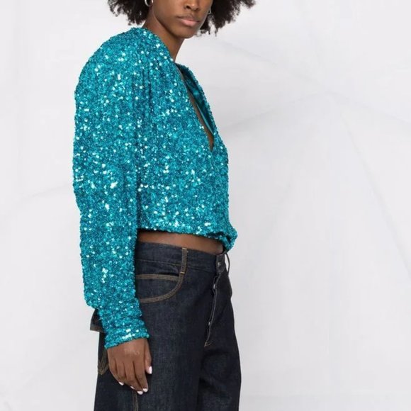 NWT ROTATE Birger Christensen Aurelia Sequin-embellished Wrap Top Blouse size 4 - Picture 9 of 16